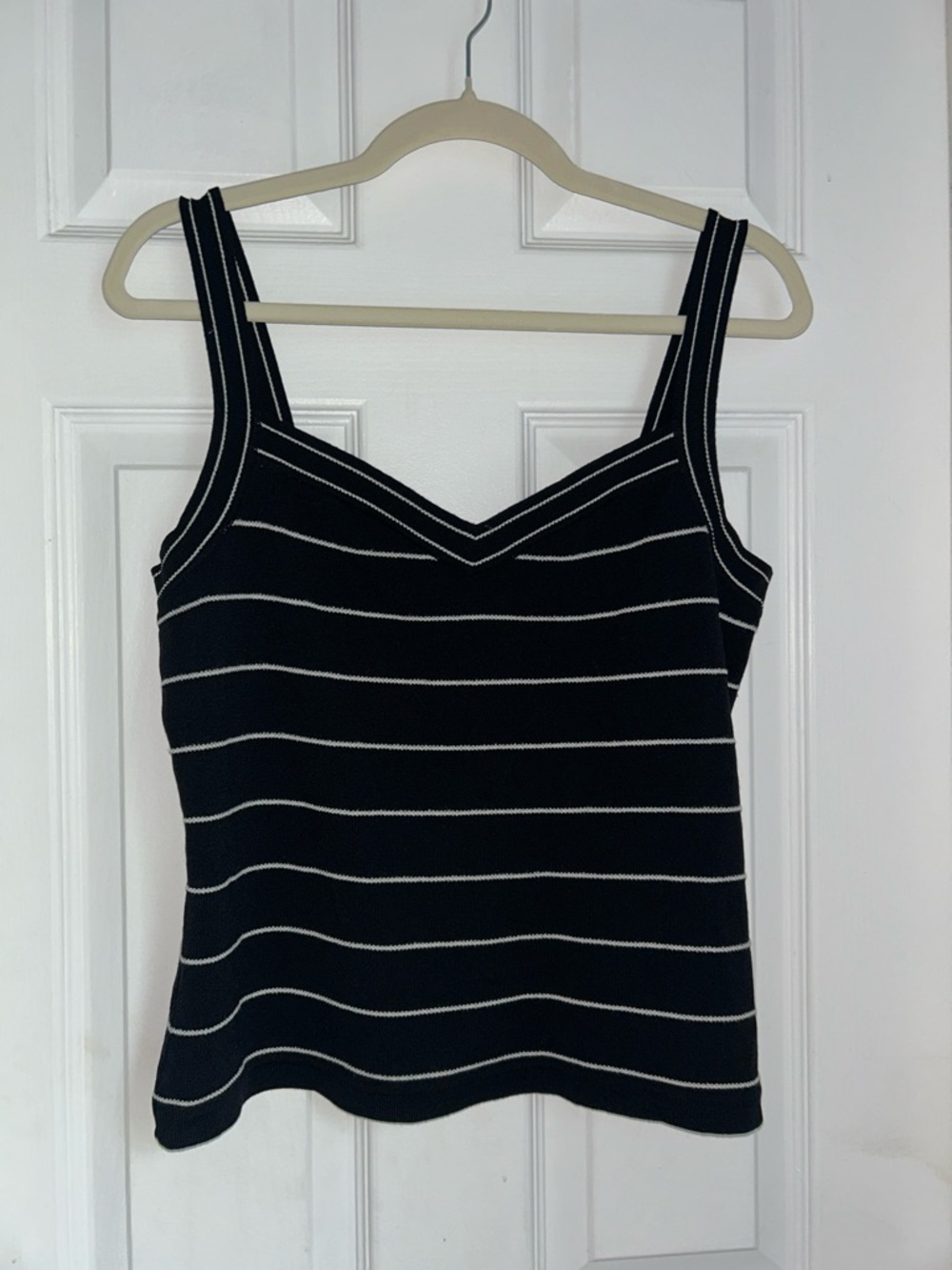 Escada Black and White Striped Wool Blend V-Neck Knit Tank | Size 42/L